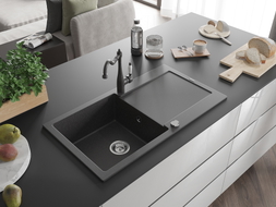 Mexen Leo 1-bowl granite sink with drainer and Carla kitchen faucet, speckled black - 6501-76-670700-76