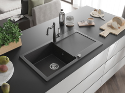 Mexen Leo 1-compartment granite sink with a drip tray and kitchen mixer tap Carla, spotted black - 6501-76-670700-76