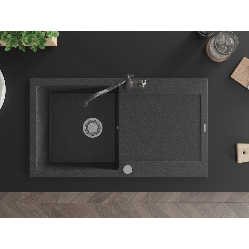 Mexen Leo granite sink 1-bowl with drainer and kitchen faucet Carla, black speckled - 6501-76-670700-76
