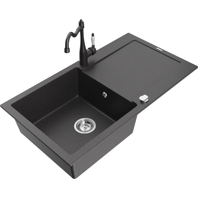 Mexen Leo granite kitchen sink 1-bowl with drainer and Carla kitchen tap, speckled black - 6501-76-670700-76