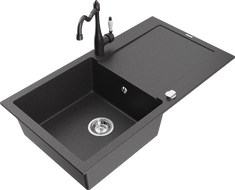 Mexen Leo 1-bowl granite sink with drainer and Carla kitchen faucet, speckled black - 6501-76-670700-76