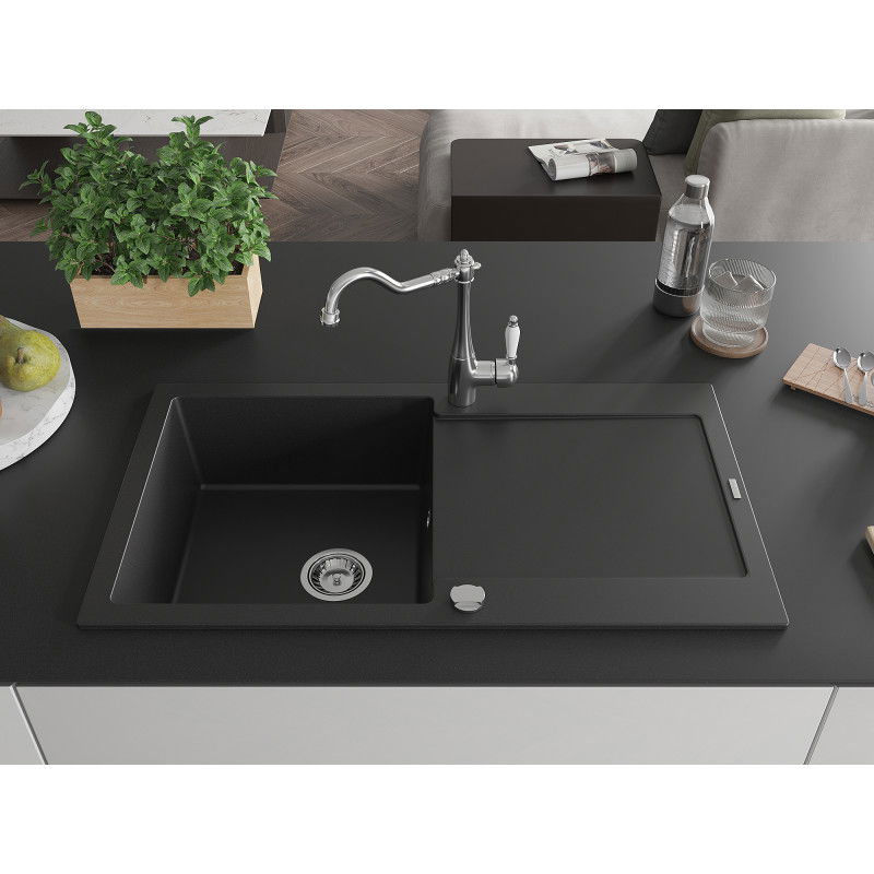 Mexen Leo granite kitchen sink single-bowl with drainer and Carla kitchen faucet, black - 6501-77-670700-00