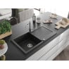 Mexen Leo granite kitchen sink single-bowl with drainer and Carla kitchen faucet, black - 6501-77-670700-00