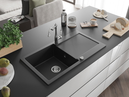 Mexen Leo granite kitchen sink with 1 bowl, drainer, and Carla faucet, black - 6501-77-670700-00
