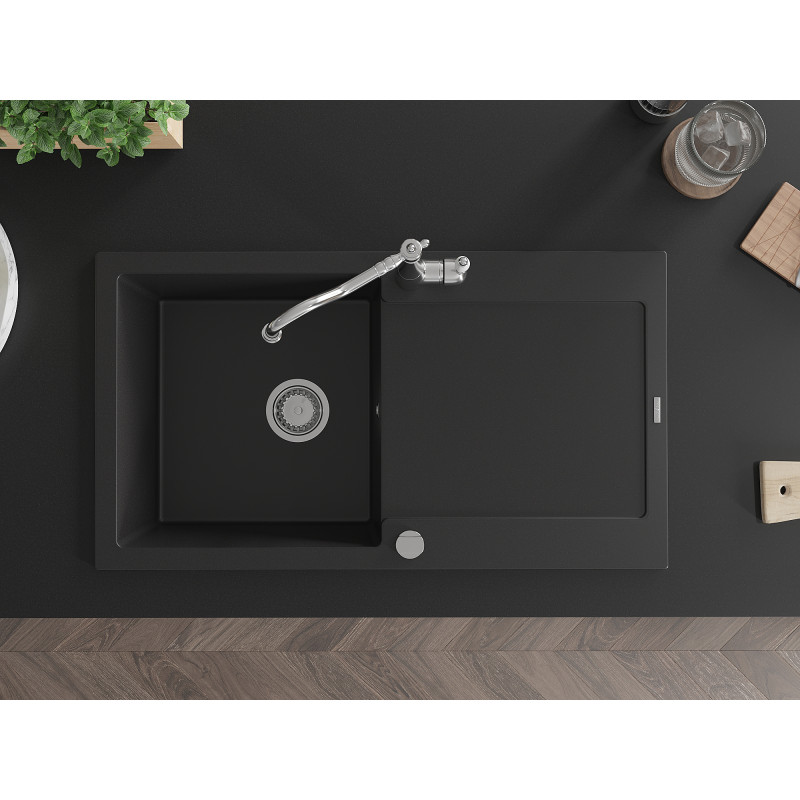 Mexen Leo granite kitchen sink 1-bowl with drainer and Carl kitchen faucet, black - 6501-77-670700-00