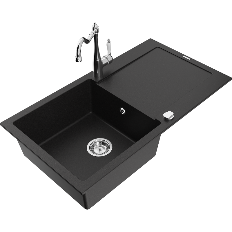 Mexen Leo granite kitchen sink 1-bowl with drainer and Carl kitchen faucet, black - 6501-77-670700-00