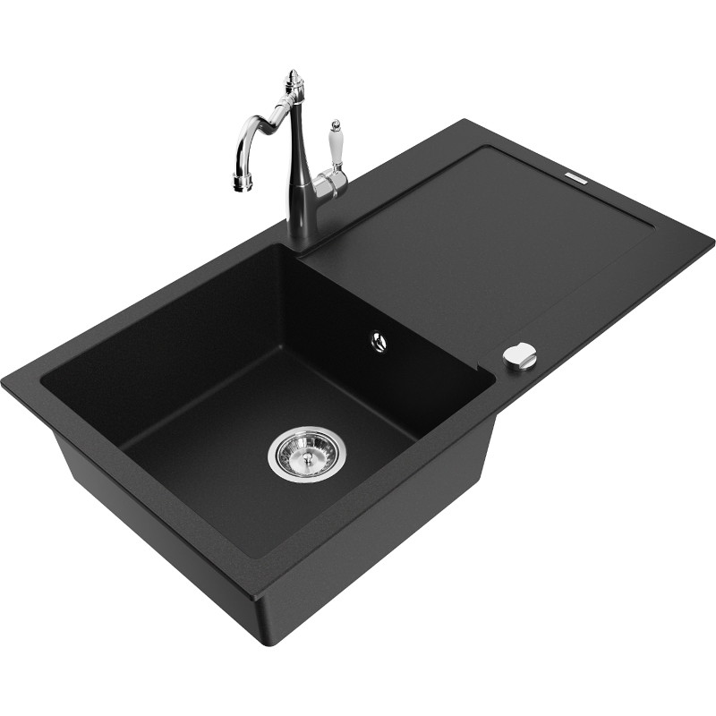 Mexen Leo granite kitchen sink with 1 bowl, drainer, and Carla faucet, black - 6501-77-670700-00
