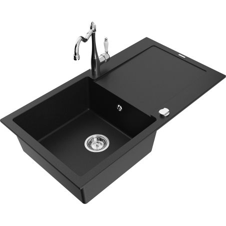 Mexen Leo granite kitchen sink single-bowl with drainer and Carla kitchen faucet, black - 6501-77-670700-00