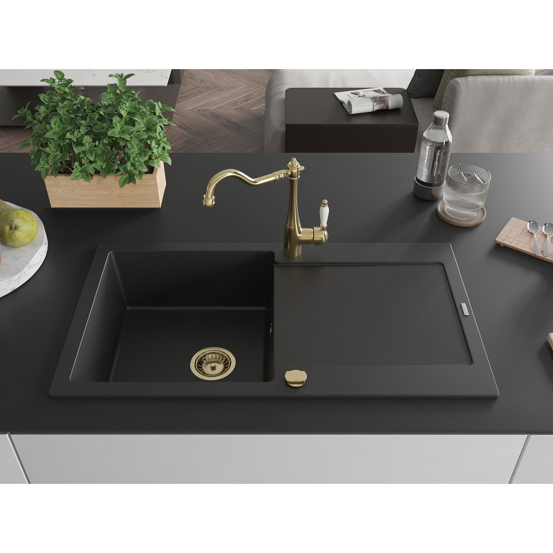 Mexen Leo granite kitchen sink with 1 bowl, drainer, and Carla kitchen faucet, black - 6501-77-670700-50