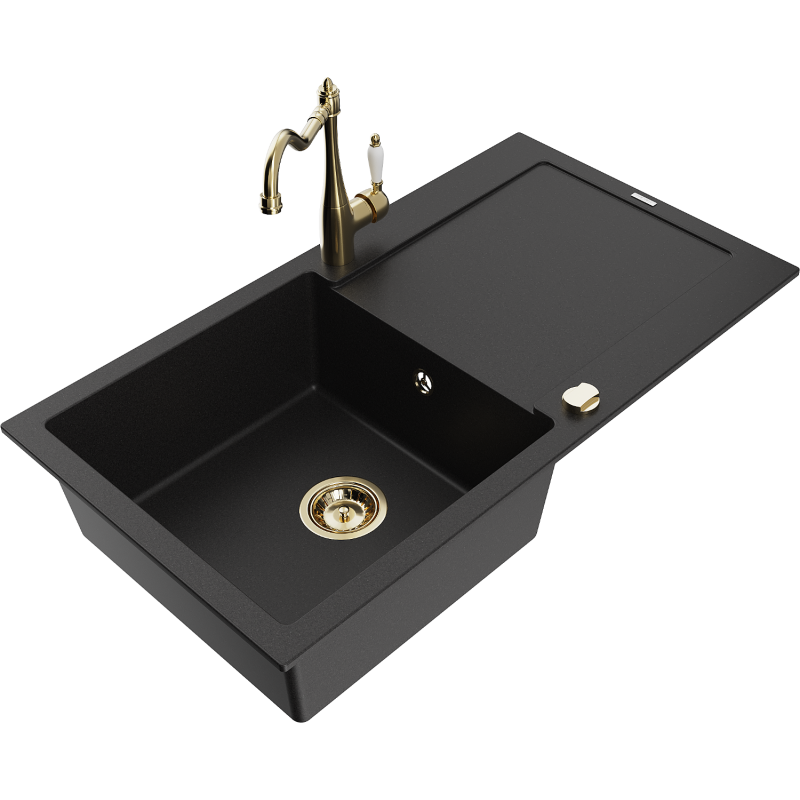 Mexen Leo granite kitchen sink with 1 bowl, drainer, and Carla kitchen faucet, black - 6501-77-670700-50