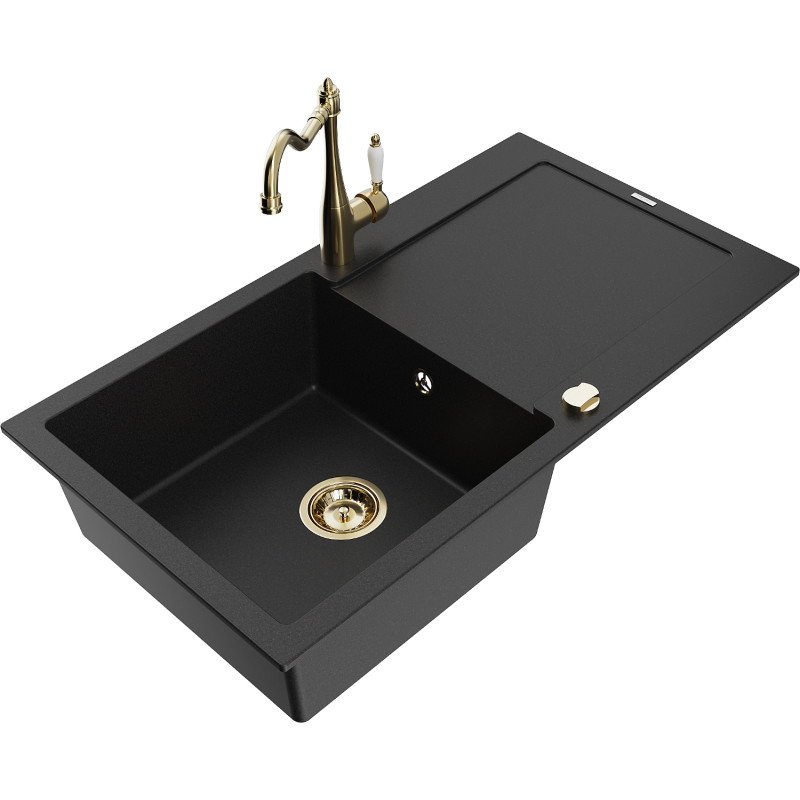 Mexen Leo granite sink 1-bowl with drainer and kitchen faucet Carla, black - 6501-77-670700-50