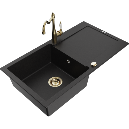 Mexen Leo granite kitchen sink with 1 bowl, drainer, and Carla kitchen faucet, black - 6501-77-670700-50