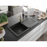 Mexen Leo granite kitchen sink 1-bowl with drainer and Carla kitchen tap, black - 6501-77-670700-50-B