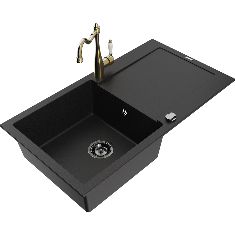 Mexen Leo 1-compartment granite sink with a drip tray and kitchen mixer tap Carla, Black - 6501-77-670700-50-B