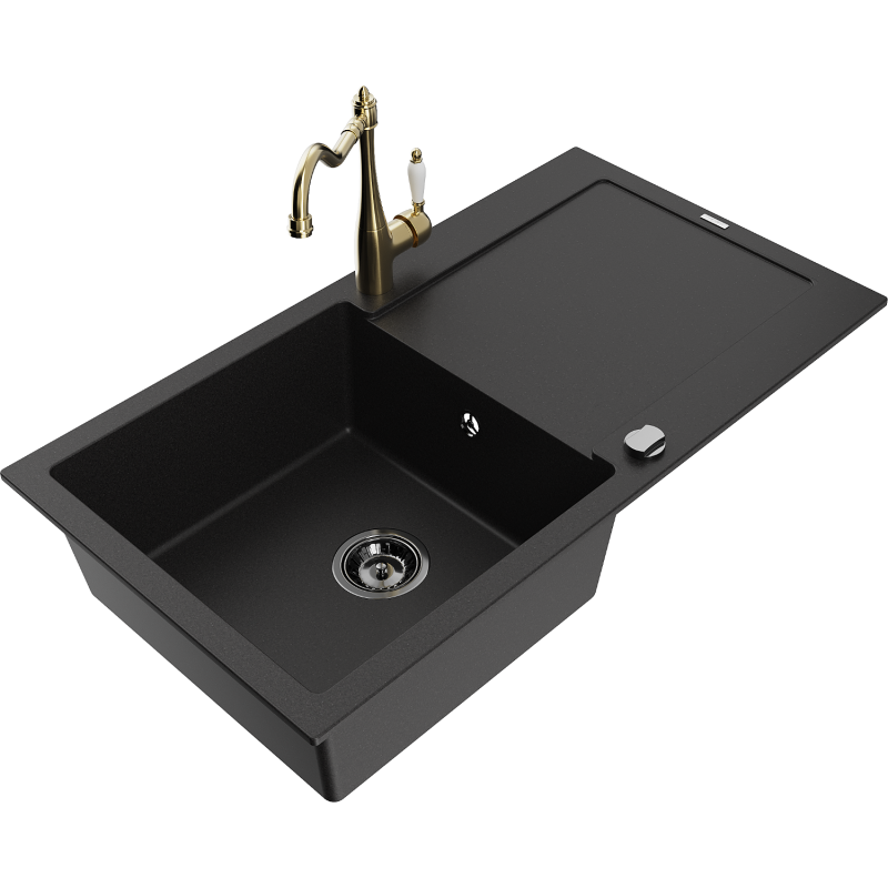 Mexen Leo granite kitchen sink 1-bowl with drainer and kitchen faucet Carla, black - 6501-77-670700-50-B