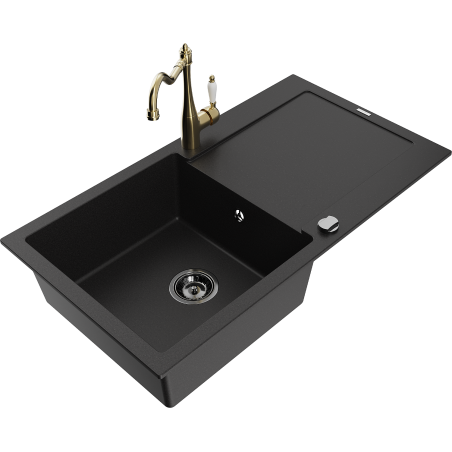 Mexen Leo granite kitchen sink 1-bowl with drainer and Carla kitchen tap, black - 6501-77-670700-50-B