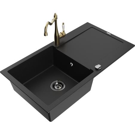 Mexen Leo granite kitchen sink 1-bowl with drainer and kitchen faucet Carla, black - 6501-77-670700-50-B