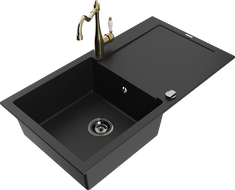Mexen Leo granite kitchen sink single-bowl with drainer and Carla kitchen faucet, black - 6501-77-670700-50-B