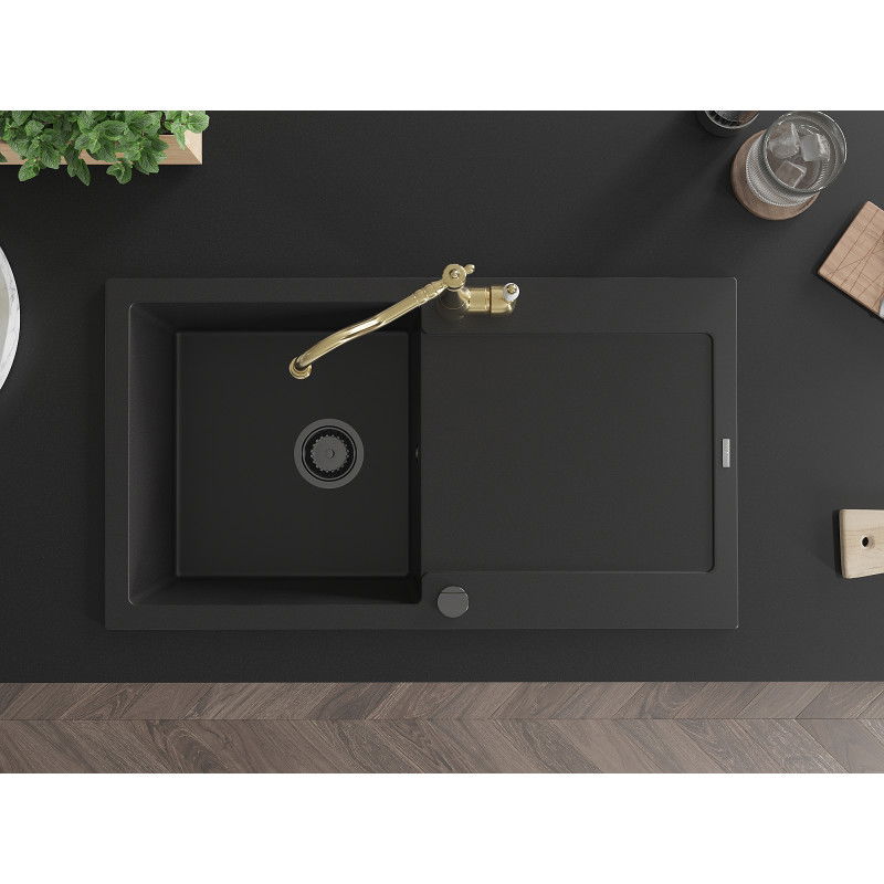 Mexen Leo granite kitchen sink 1-bowl with drainer and Carla kitchen tap, black - 6501-77-670700-50-B