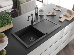 Mexen Leo 1-bowl granite sink with drainer and kitchen faucet Carla, black - 6501-77-670700-70-B