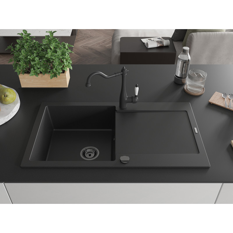 Mexen Leo 1-bowl granite sink with drainer and Carla kitchen faucet, black - 6501-77-670700-70-B