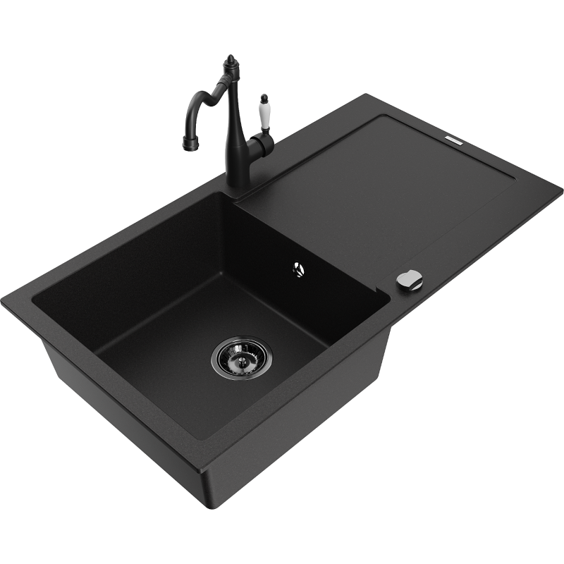 Mexen Leo 1-bowl granite sink with drainer and Carla kitchen faucet, black - 6501-77-670700-70-B