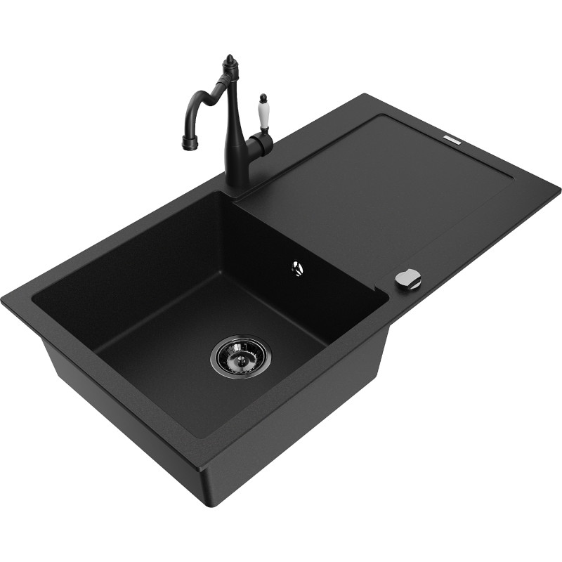 Mexen Leo 1-bowl granite sink with drainer and kitchen faucet Carla, black - 6501-77-670700-70-B