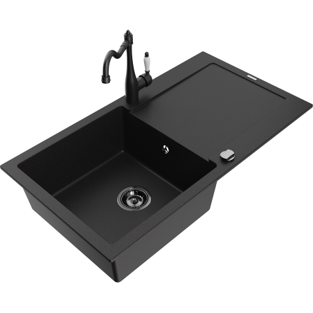 Mexen Leo 1-bowl granite sink with drainer and Carla kitchen faucet, black - 6501-77-670700-70-B