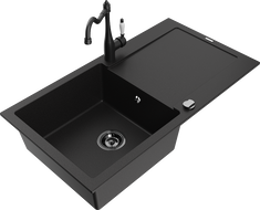Mexen Leo 1-bowl granite sink with drainer and kitchen faucet Carla, black - 6501-77-670700-70-B