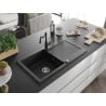 Mexen Leo granite sink 1-bowl with drainer and kitchen tap Carla, black - 6501-77-670700-70