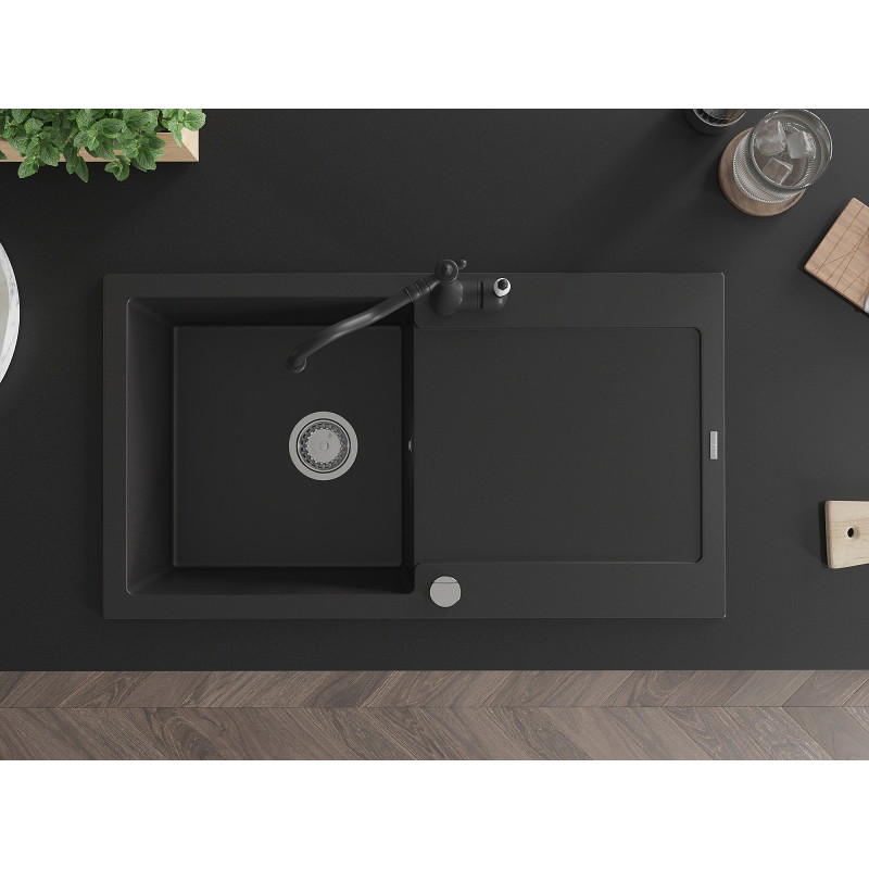 Mexen Leo 1-bowl granite sink with drainer and kitchen faucet Carla, black - 6501-77-670700-70