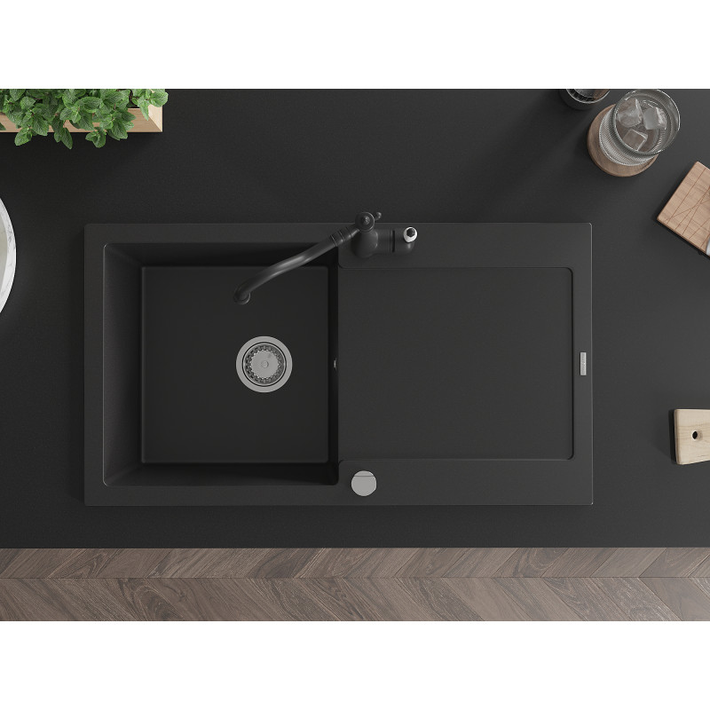 Mexen Leo granite sink with 1 bowl, drainer, and kitchen faucet Carla, black - 6501-77-670700-70