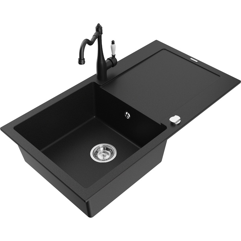 Mexen Leo 1-bowl granite sink with drainer and kitchen faucet Carla, black - 6501-77-670700-70