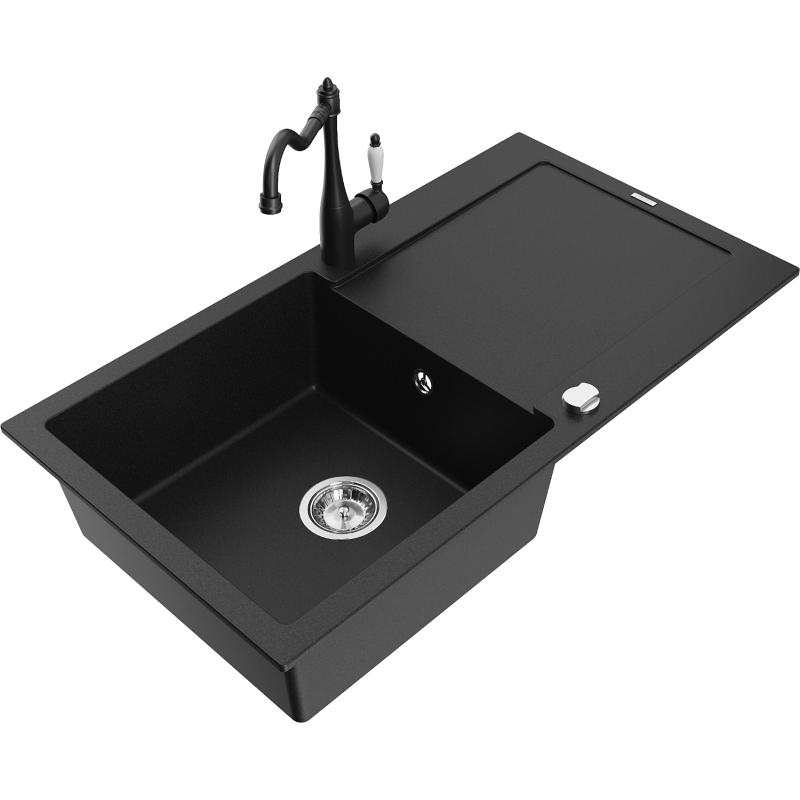 Mexen Leo granite sink with 1 bowl, drainer, and kitchen faucet Carla, black - 6501-77-670700-70