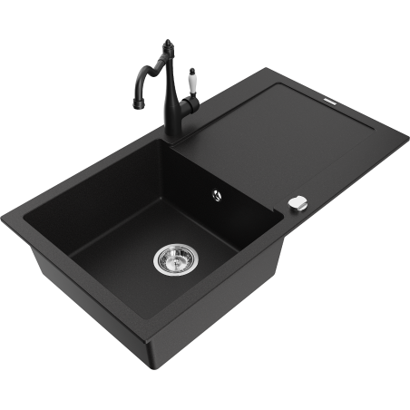Mexen Leo granite sink with 1 bowl, drainer, and kitchen faucet Carla, black - 6501-77-670700-70
