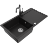 Mexen Leo granite sink with 1 bowl, drainer, and kitchen faucet Carla, black - 6501-77-670700-70