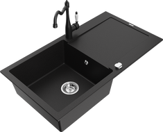 Mexen Leo 1-bowl granite sink with drainer and kitchen faucet Carla, black - 6501-77-670700-70