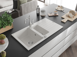 Mexen Matias 1.5-compartment granite sink with a drip tray and kitchen mixer tap Carla, White - 6502-20-670700-00