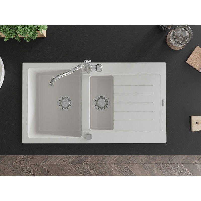 Mexen Matias granite sink 1.5-bowl with drainer and Carla kitchen tap, white - 6502-20-670700-00