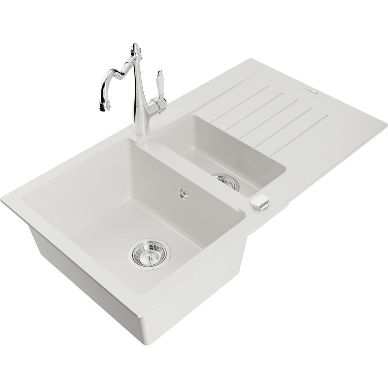 Mexen Matias 1.5-bowl granite sink with drainer and Carla kitchen faucet, white - 6502-20-670700-00