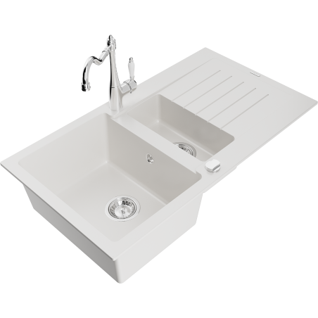 Mexen Matias granite sink 1.5-bowl with drainer and Carla kitchen tap, white - 6502-20-670700-00