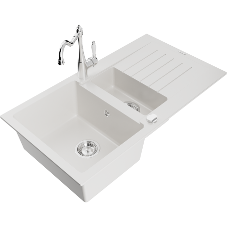 Mexen Matias granite sink 1.5-bowl with drainer and kitchen faucet Carla, white - 6502-20-670700-00