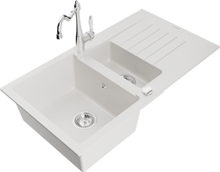 Mexen Matias 1.5-bowl granite sink with drainer and Carla kitchen faucet, white - 6502-20-670700-00