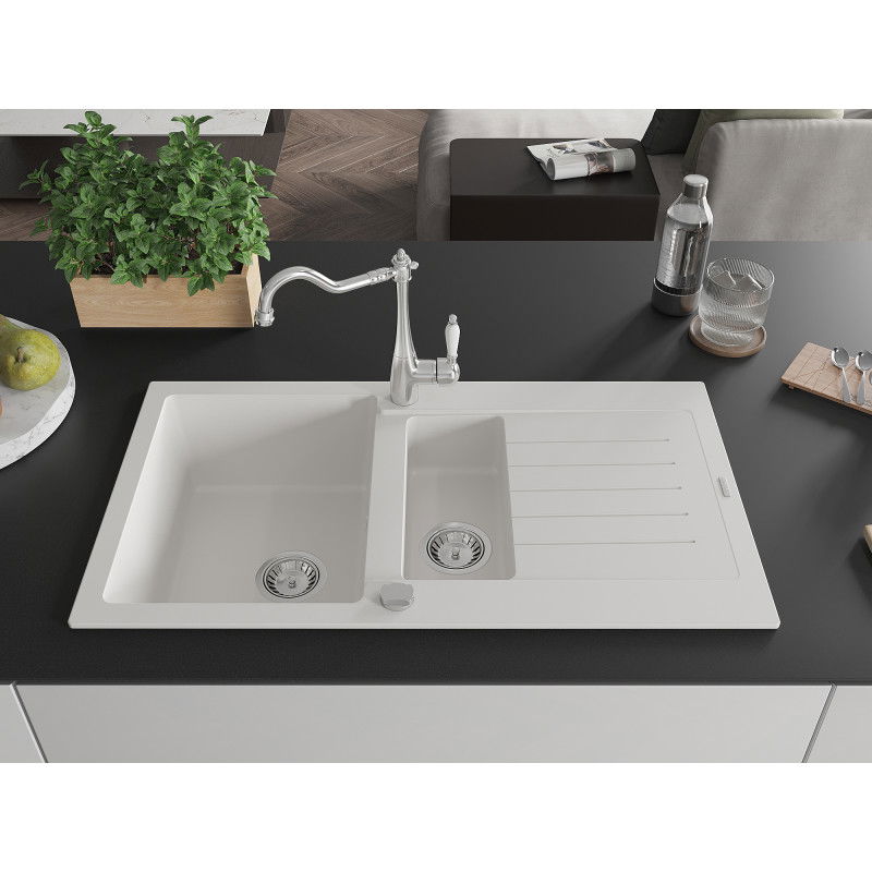Mexen Matias granite sink 1.5-bowl with drainer and Carla kitchen tap, white - 6502-20-670700-00