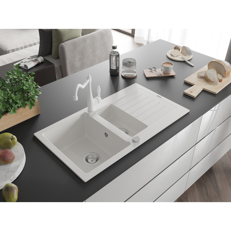 Mexen Matias granite kitchen sink 1.5-bowl with drainer and Carla kitchen faucet, white - 6502-20-670700-20