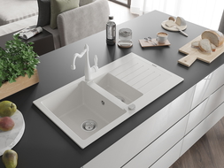 Mexen Matias 1.5-compartment granite sink with a drip tray and kitchen mixer tap Carla, White - 6502-20-670700-20