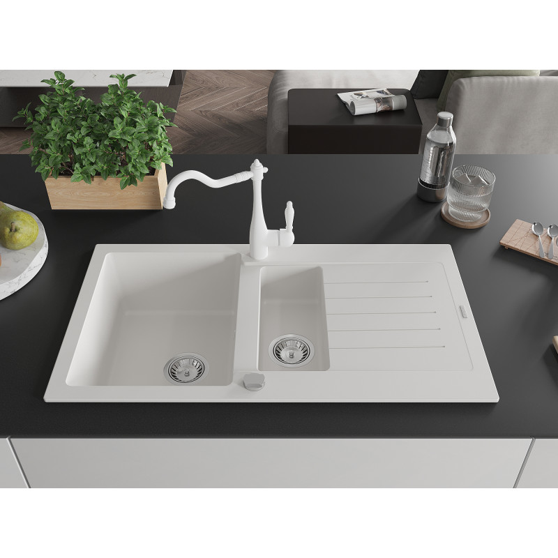 Mexen Matias granite kitchen sink 1.5-bowl with drainer and Carla kitchen faucet, white - 6502-20-670700-20