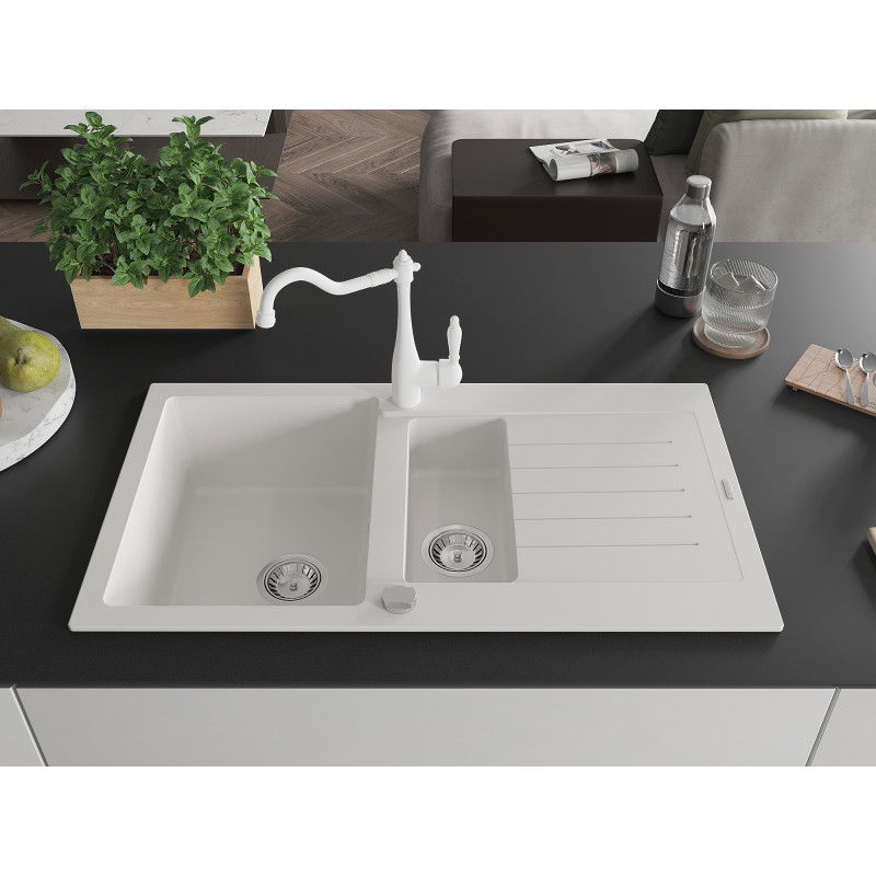 Mexen Matias granite sink 1.5-bowl with drainer and Carla kitchen tap, white - 6502-20-670700-20