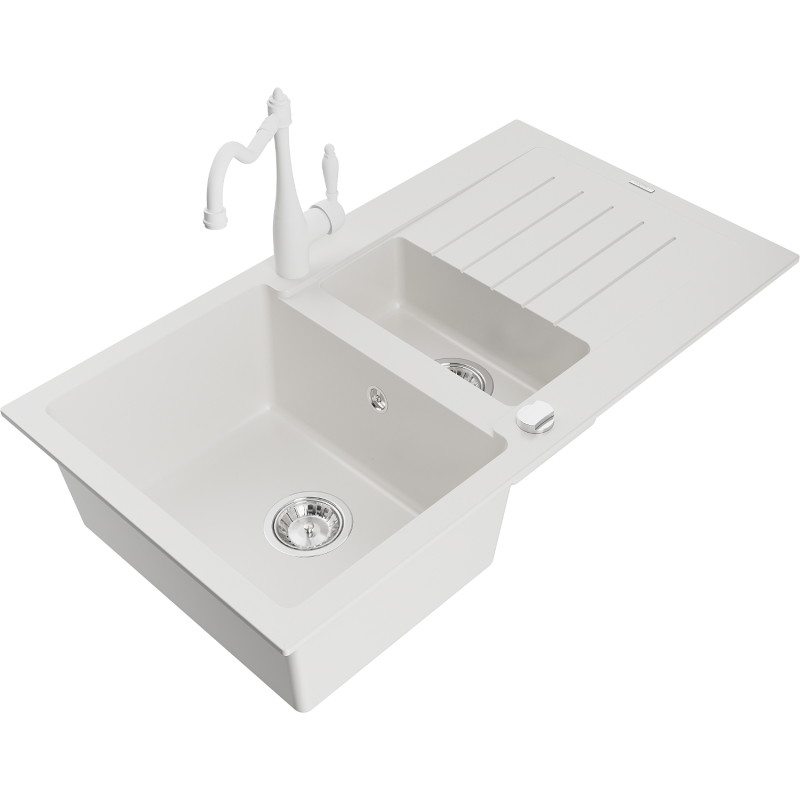 Mexen Matias 1.5-bowl granite sink with drainer and Carla kitchen faucet, white - 6502-20-670700-20