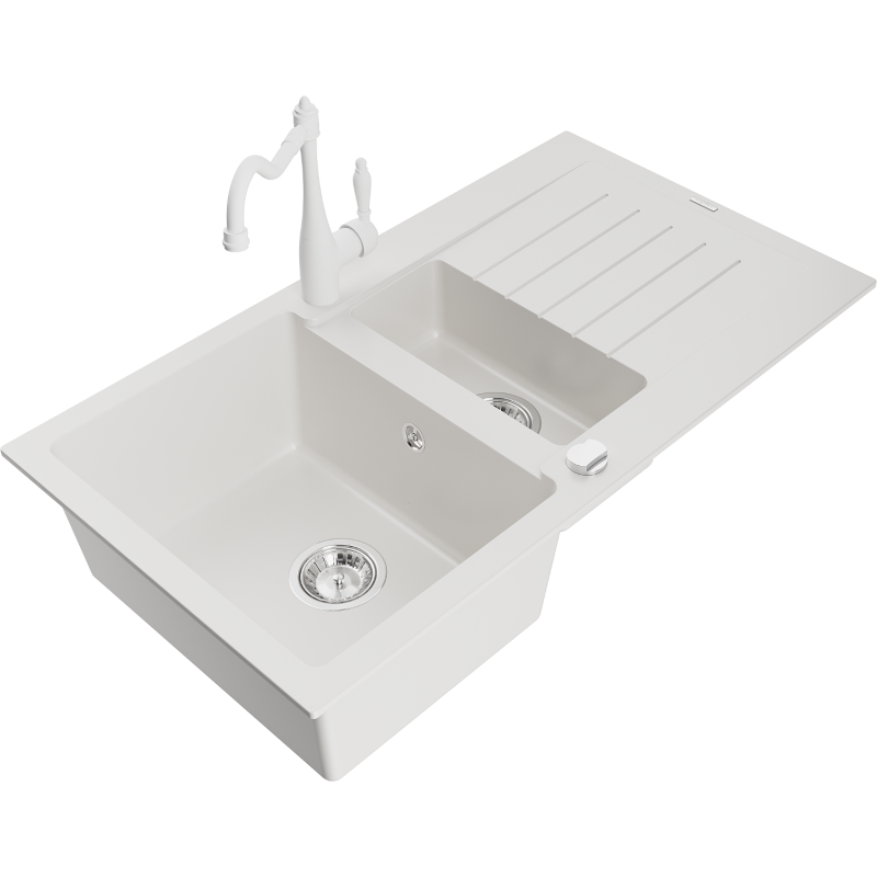 Mexen Matias 1.5-compartment granite sink with a drip tray and kitchen mixer tap Carla, White - 6502-20-670700-20